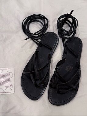 Handmade Italian Black Lace-Up Leather Wrap Sandals